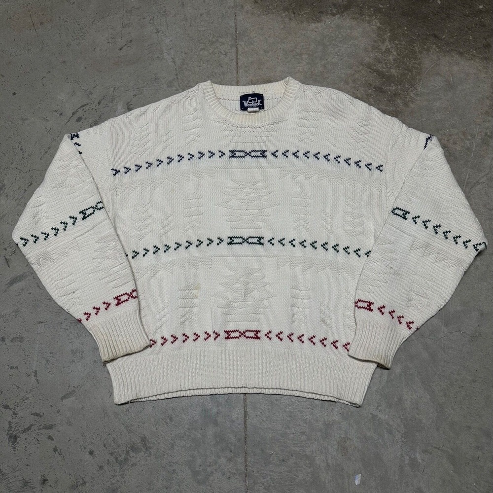 Vintage Woolrich Patterned Knit Sweater Made in USA Large 100% Cotton White